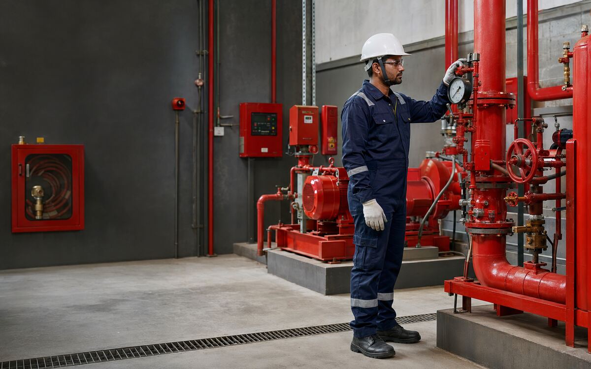 Fire-safety professional inspecting installed system equipment